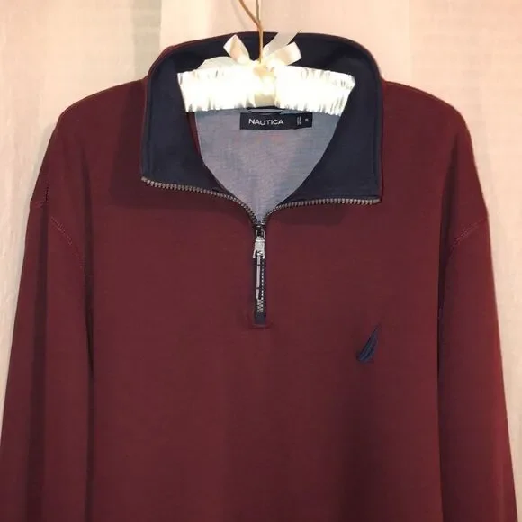 Nautica XL Burgundy with Navy Details Cotton Knit Quarter Zip Pullover